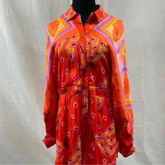 Farm Rio Tiki Bananas Scarf-sleeve Romper Red Tiki Bananas Tie Dye Cashew XS - Picture 1 of 11